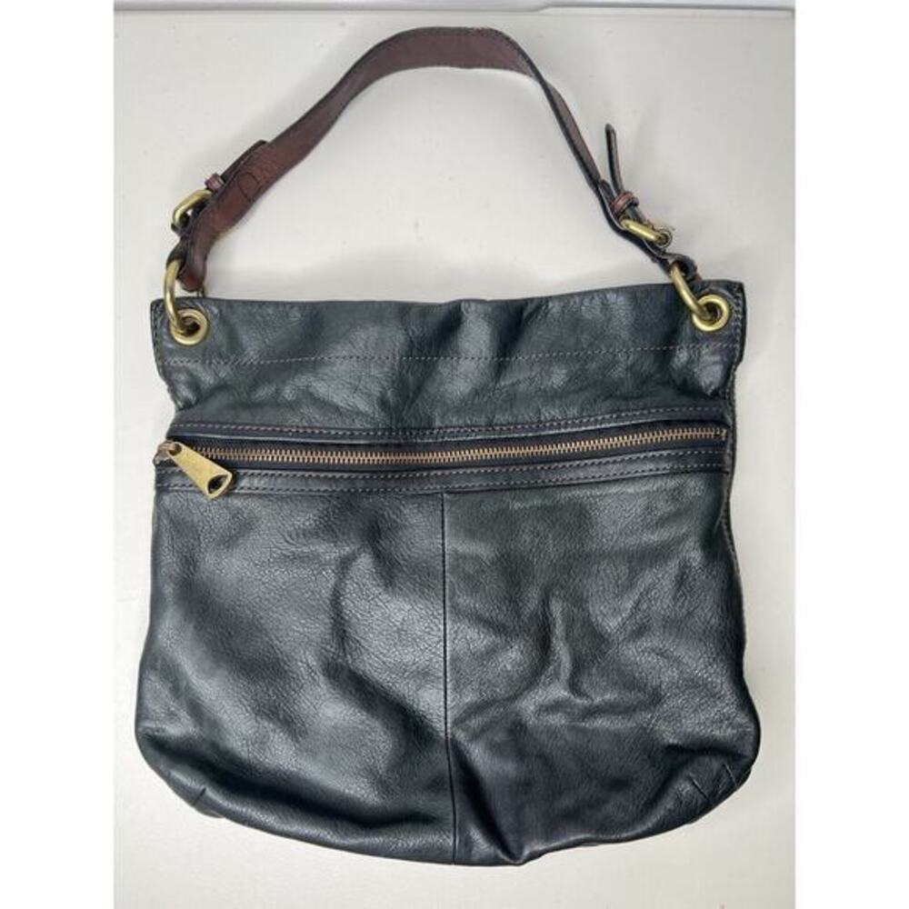 Fossil Leather Handbag Bag Shoulder Black Brown Handle Retro